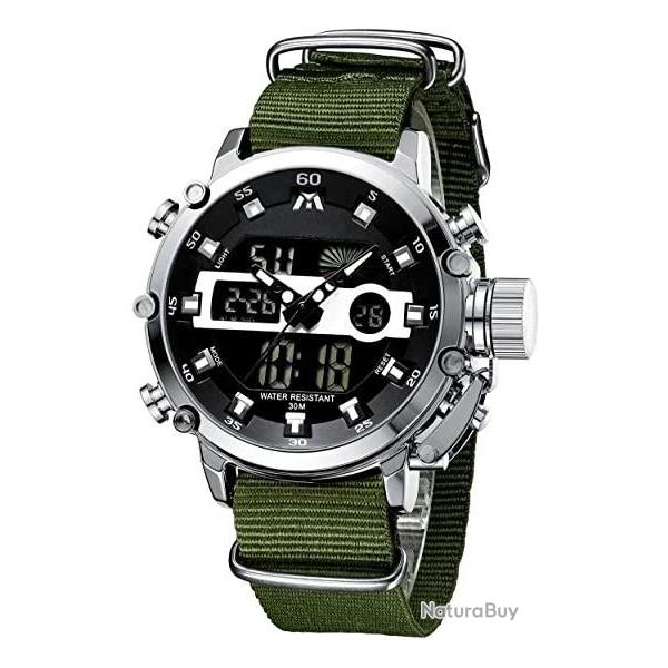 Montre militaire - Montre de sport - Chronographe - Acier inoxydable - Analogique - Ecran LED - Vert