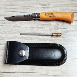 Couteau de Poche Opinel numéro 7 Lame en Acier carbone + étui cuir + fusil pour aiguiser