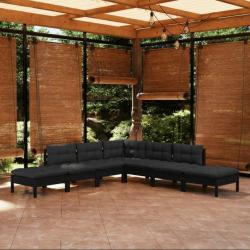 Salon de jardin 7 pcs avec coussins Noir Bois de pin