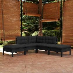 Salon de jardin 5 pcs avec coussins Noir Bois de pin