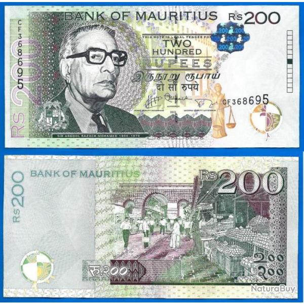 Maurice 200 Roupies 2013 Prefixe Cf Billet Ile Mauritius Island Rupees