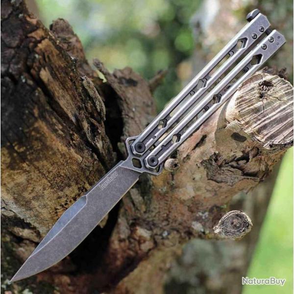 Couteau Kershaw Lucha Balisong Butterfly Stonewash Lame Acier 14C28N Manche Acier KIVT USA KS5150BW