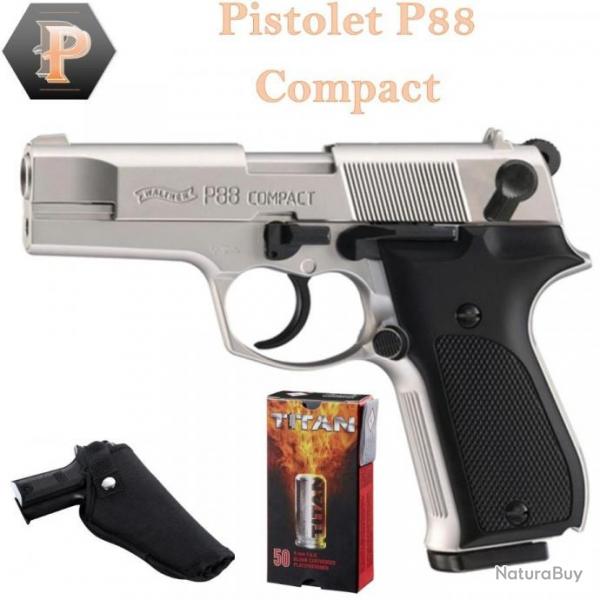 Pack Pistolet ALARME WALTHER P88 CAL. 9 MM PAK NICKEL + 50 cart + holster