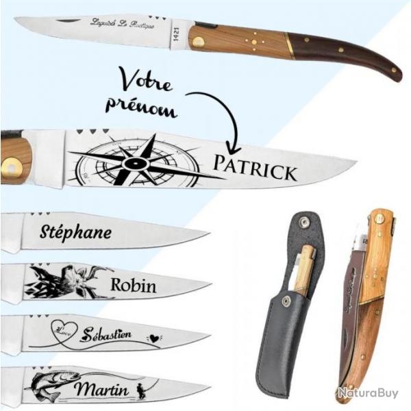 Couteau laguiole personnalis Lame personnalisable et grave avec un prnom Manche en bois rustique