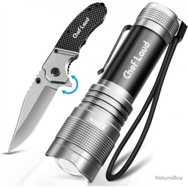 Lampe Torche lumineuse avec 5 Modes Zoomable Etanche et Couteau de Survie Pliant Poche randonne