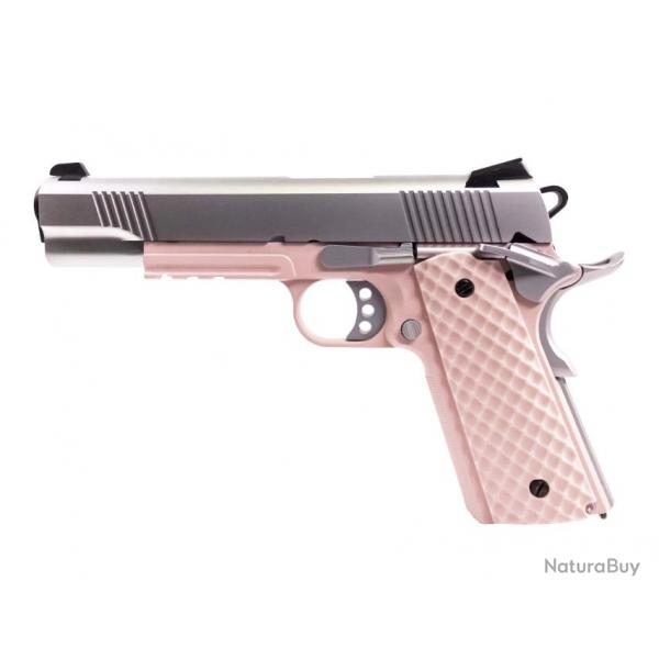 Rplique airsoft GBB 1911 MEU Railed Raven full metal gaz Rose / Silver 1,0J-RAVEN MEU RAILED PINK