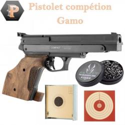 Pistolet de compétion Gamo COMPACT Droitier ou gaucher au choix + plombs + cibles + porte cible