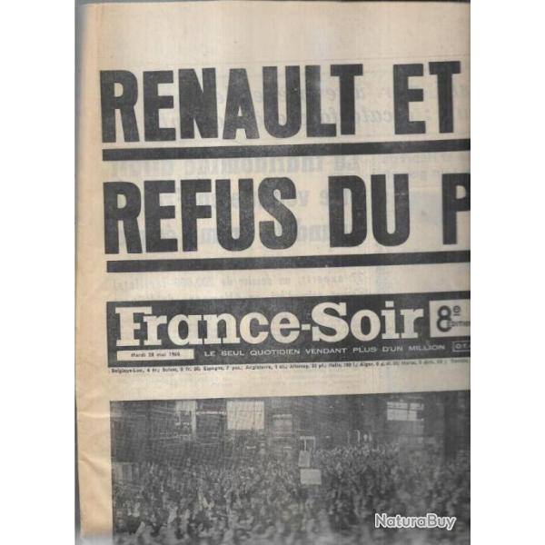 mai 1968 journal france soir 28 mai , renault et citroen refus du protocole d'accord , smig 3 francs