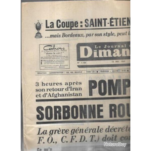 mai 1968 le journal du dimanche 12 mai , grves, pompidou dcide :sorbonne rouverte demain