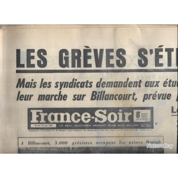 mai 1968 journal france soir 18 mai , les grves s'tendent, billancourt renault , cohn-bendit