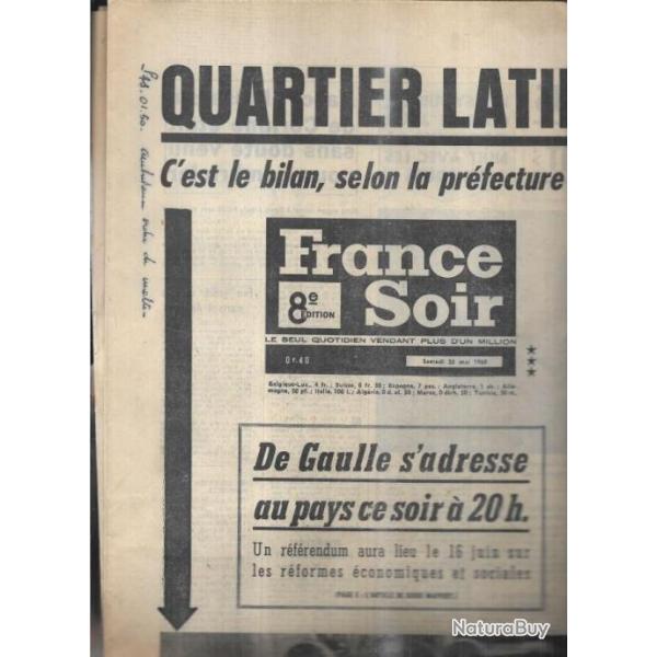 mai 1968 journal france soir 25 mai , quartier latin 200 blesss, pompidou invite les syndicats cgt-