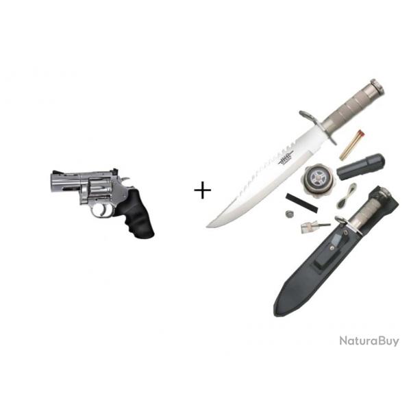 Pack Revolver Dan Wesson 715, 2,5" Argent - Acier Co2 Bbs 4,5 mm + Couteau de survie