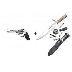 PACK Revolver Dan Wesson 715 6 ""Argent - 4,5 mm Co2 Bbs Acier + Couteau de survie