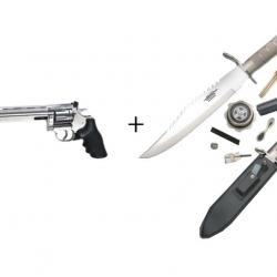 PACK Revolver Dan Wesson 715 6 ""Argent - 4,5 mm Co2 Bbs Acier + Couteau de survie