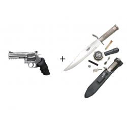 PACK Revolver Dan Wesson 715, 4" Argent - Pellets Co2 4,5 mm + Couteau de survie Lame de 25cm