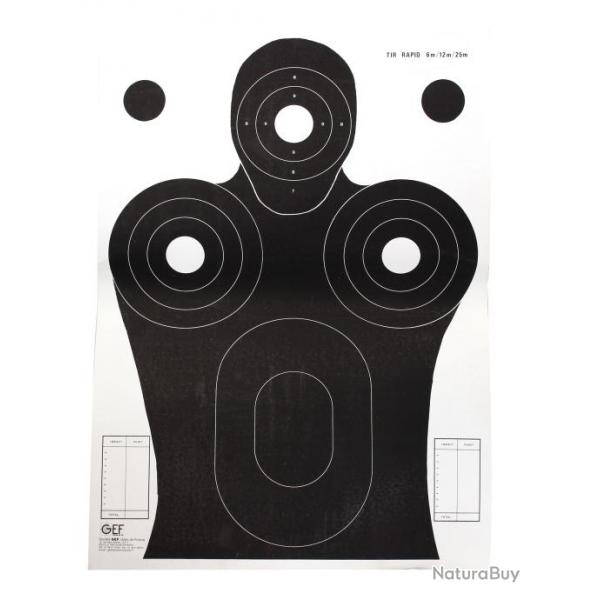Cible tir rapid 6 - 12- 25 50x70cm silhouette Noire sur fond Blanc (x100)