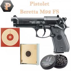 Pack Pistolet Beretta M92 FS CO2 Cal.4.5mm Black + Porte cible + Cibles + Boite de plomb
