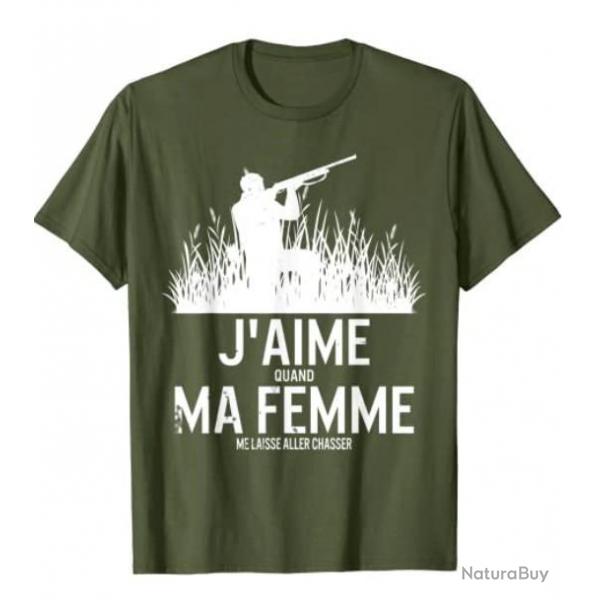 Tee-shirt de chasse - Vert arme - Humoristique - "J'AIME MA FEMME" - Livraison gratuite et rapide