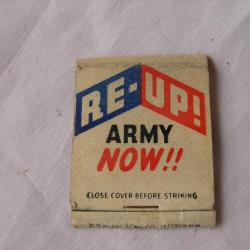 WW2 US BOITE D'ALLUMETTES VIDE AMÉRICAINE " RE-UP ARMY NOW " RECONSTITUER L ARMÉE MAINTENANT RARE