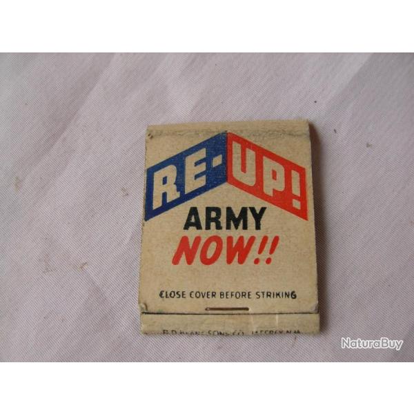 WW2 US BOITE D'ALLUMETTES VIDE AMRICAINE " RE-UP ARMY NOW " RECONSTITUER L ARME MAINTENANT RARE