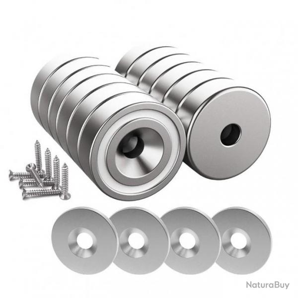12 pices Aimants en nodyme 10 KG force 20 x 7 mm avec trou et capsule en Acier