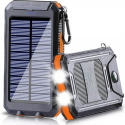 Batterie Externe Chargeur solaire Portable 20000mAh, avec lampes de poche LED, 2 ports USB Camping