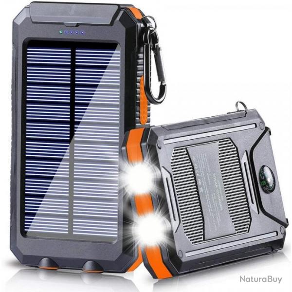 Batterie Externe Chargeur solaire Portable 20000mAh, avec lampes de poche LED, 2 ports USB Camping