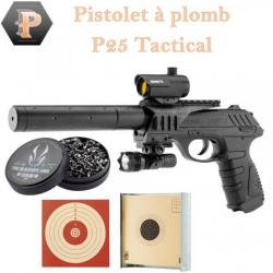 Pistolet CO2 P25 TACTICAL - 4. 5mm - 3. 98 joules + 500 plombs + cibles + porte cible