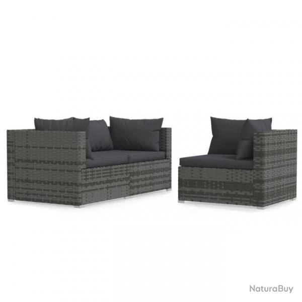 Salon de jardin 3 pcs avec coussins Gris Rsine tresse