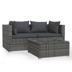 Salon de jardin 3 pcs avec coussins Gris Résine tressée