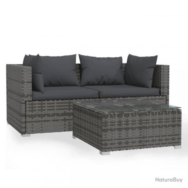 Salon de jardin 3 pcs avec coussins Gris Rsine tresse