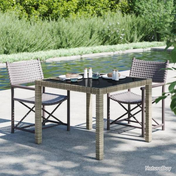 Table de jardin 90x90x75 cm Verre tremp et rsine tresse Gris