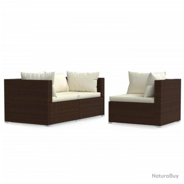 Salon de jardin 3 pcs avec coussins Marron Rsine tresse