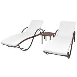 Chaises longues 2 pcs avec table Résine tressée Marron