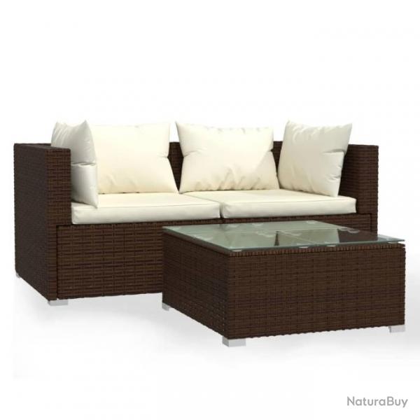 Salon de jardin 3 pcs avec coussins Marron Rsine tresse