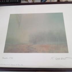 Lithographie du peintre Lebert François thème paysage de chasse dans la brume