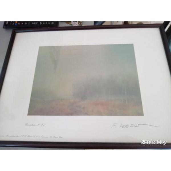 Lithographie du peintre Lebert Franois thme paysage de chasse dans la brume