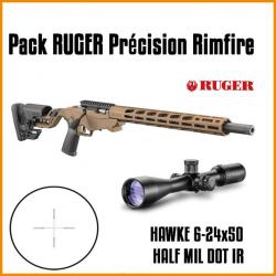 Pack CARABINE RUGER PRECISION RIMFIRE CAL.22LR MARRON BRONZE +HAWKE VANTAGE 30 WA FFP 6-24X50 HALF M