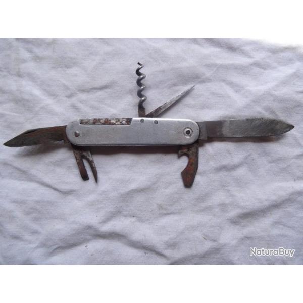 059 ) rare couteau suisse plaquettes en alu ,  2 lames + accessoires