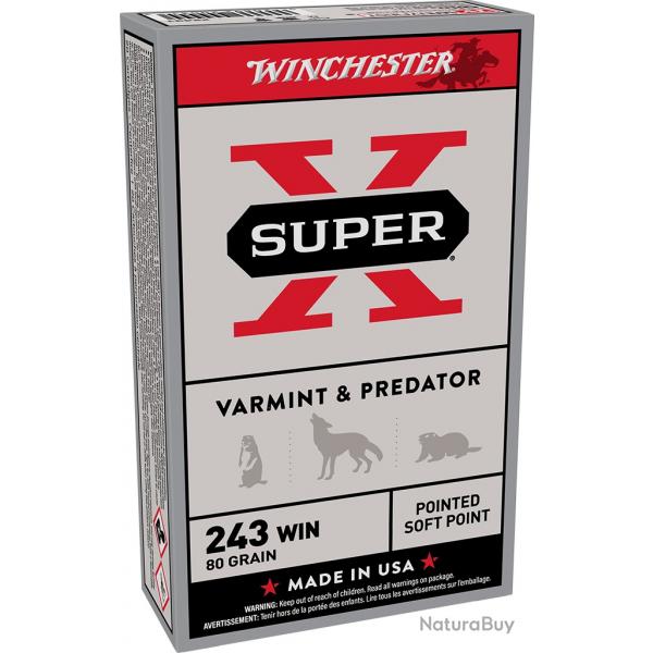 Munitions Winchester Power Point  5.2g 80gr - Cal. 243 Win. x10 boites