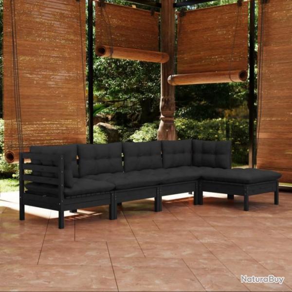 Salon de jardin 5 pcs avec coussins Noir Bois de pin