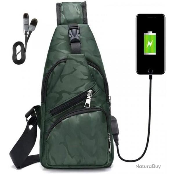 Sac  Dos Sacoche Bandouliere Chargement USB Vlo Course Camping Randonne Voyage Camouflage Vert