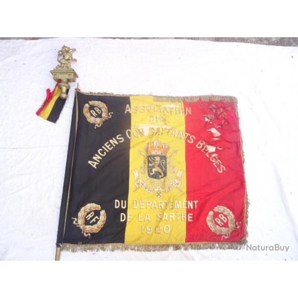 040) lot belgique drapeau national belge grand lyon en bois rechampi et redor