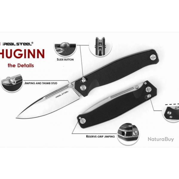 Couteau Real Steel HUGINN Black/Satin Manche G10 Lame Acier VG10 Slide Lock Clip RS7651