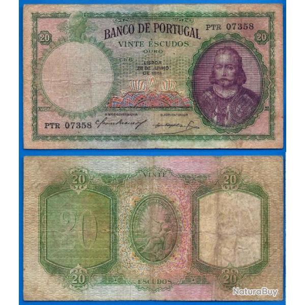 Portugal 20 Escudos 1951 Billet Menezes Escudo