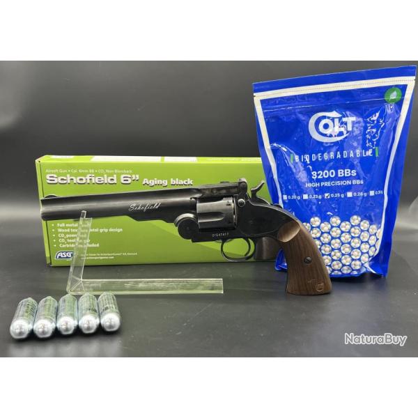 Pack Revolver Schofield 6" Aging black calibre 6mm Airsoft ASG + 3200 Billes + 5X Capsules CO2