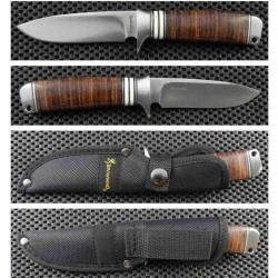 Couteau De Chasse Skinner Browning Hunting Lame Acier Inox Manche Cuir Etui Nylon BR814