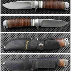 Couteau De Chasse Skinner Browning Hunting Lame Acier Inox Manche Cuir Etui Nylon BR814