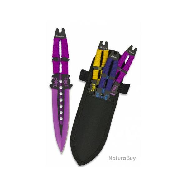 Albainox-Set 3 couteaux  lancer 18.9 violet jaune et bleu