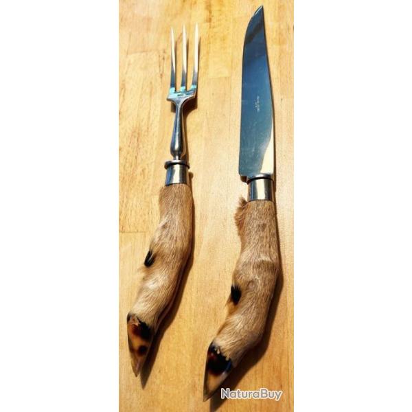 Ancien service  dcouper, couteau et fourchette avec manche patte de chevreuil